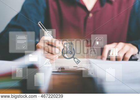 Businessman Audit Documents, Quality Assessment Management With A Checklist, Business Document Evalu