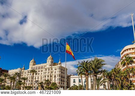 Beautiful Urban Landscape From Alicante To City Center With Spanish Flag
