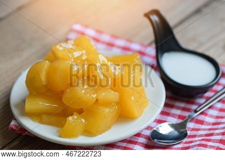 Cassava Food On The Table Food, Sweet Dessert Made Of Boiled Cassava, Sugar And Coconut Milik - Thai