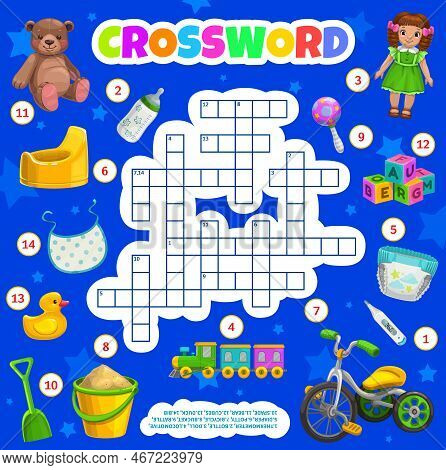 Kids Toys And Accessories Crossword Puzzle Worksheet, Find A Word Quiz. Vector Thermometer, Bottle, 