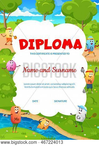 Kids Diploma. Cartoon Micronutrient Sportsman Characters. Child Graduation Diploma, Education Vector