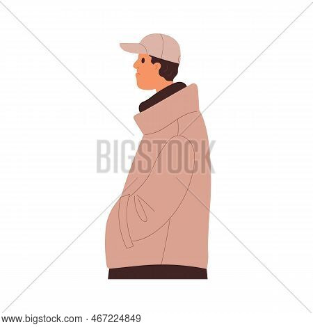 Ordinary Man In Casual Clothes. Average Person, Sad Citizen Profile With Neutral Straight Face Expre