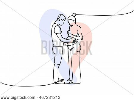 Full Length Couple In Love, Spouses, Pregnant Woman One Line Art With Colorful Elements. Continuous 