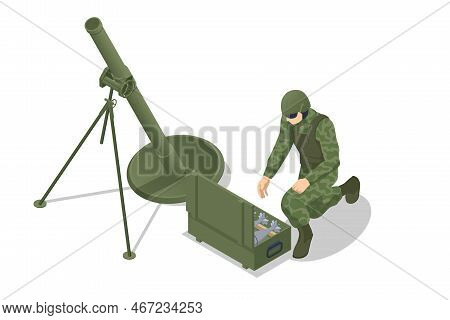 Isometric Special Forces Soldier Police, Swat Team Member. Isometric Soldier With Mortar Crew. Morta