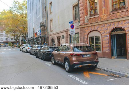 Strasbourg, France - Oct 28, 2022: Mercedes-benz Gla 250 E Electric Mini Suv Brown Color Parked On A