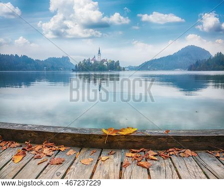 Astonishing Sunset View Of Popular Tourist Destination  Bled Lake. Dramatic View Of Pilgrimage Churc