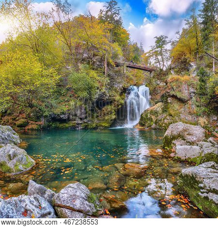 Breathtaking Autumn View Of Popular Tourist Destination  Sum Waterfall In Vintgar Gorge. Location: B