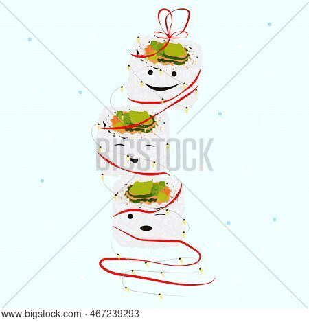 Sushi For The Holiday. New Year. Sushi And Garlands. Sushi Gift.