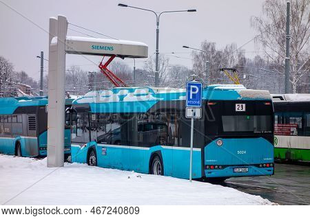 Ostrava, Czech Republic - December 15, 2022: Solaris Urbino 12 Electric Bus With A Trolley Charging 