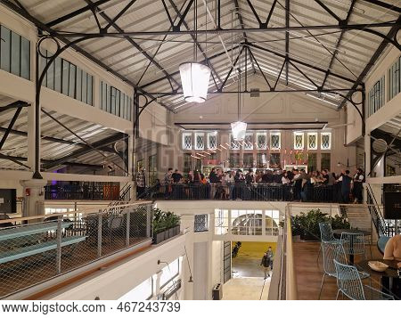 Thessaloniki, Greece - December 9 2022: Renovated Modiano Enclosed Traditional Food Market. High-ang