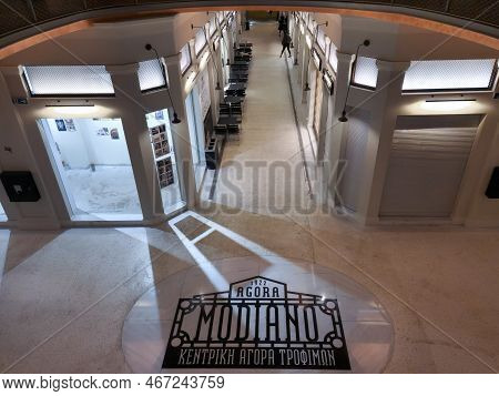 Thessaloniki, Greece - December 9 2022: Renovated Modiano Enclosed Traditional Food Market. High-ang