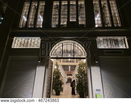 Thessaloniki, Greece - December 9 2022: Renovated Modiano Enclosed Traditional Food Market. Low-angl