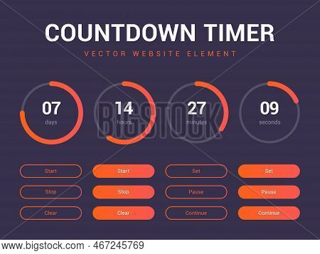 Countdown Timer Vector Website Element With Buttons. Flat Digital Clock Timer Application Template. 