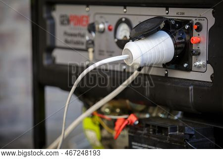 Electric Plug With Wires On The Generator. Special Electrical Plugs For The Output Of The Received E