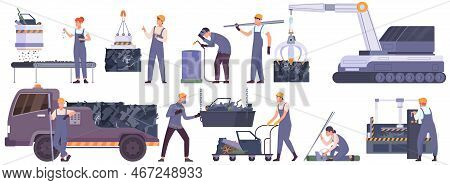 Collecting And Recycling Of Metal Flat Set With Iron Waste Plant Equipment And Workers Isolated Vect