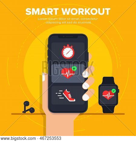 Smart Workout Vector Illustration Concept. Smartphone Synchronization With A Smart Watch. Smart Fitn