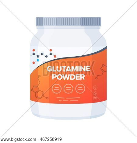 L-glutamine Powder Supplement Bottle. Plastic Bottle Of Amino Acids Powder. Vector Illustration