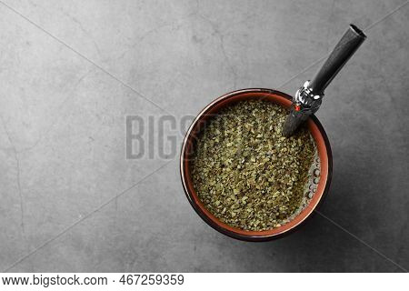 Guampa With Bombilla And Mate Tea On Grey Table, Top View. Space For Text