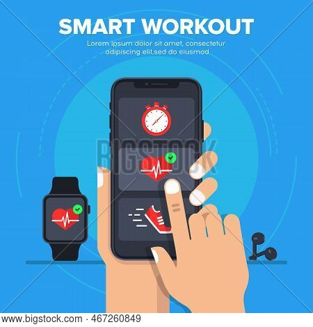 Smart Workout Vector Illustration Concept. Smartphone Synchronization With A Smart Watch. Smart Fitn