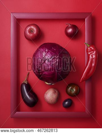 Red Fruits And Vegetables In Wooden Picture Frame