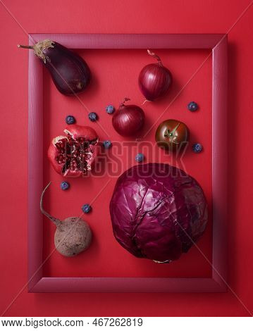 Red Fruits And Vegetables In Wooden Picture Frame
