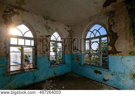 Old Shabby Room Of Abandoned Mansion In Gothic Style.