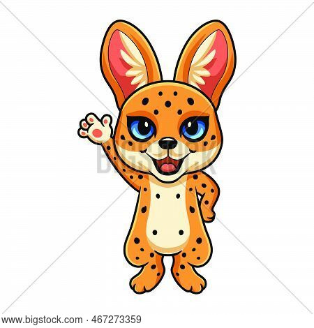 Vector Illustration Of Cute Serval Cat Cartoon Waving Hand