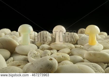 Stone Mushrooms Made From Mixed Gemstones And Crystalize Rock Showing Unique Patterns And Colours Us