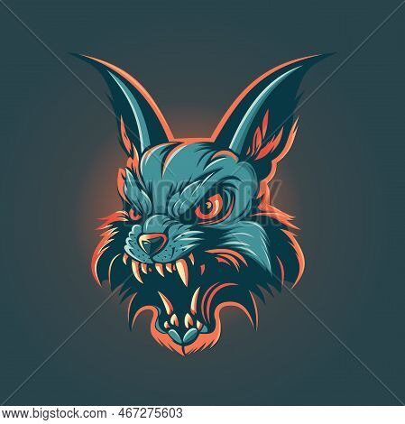 Raging Aggressive Rabbit With Burning Eyes. Color Logo Hare In Flat Style. Vector Illustration