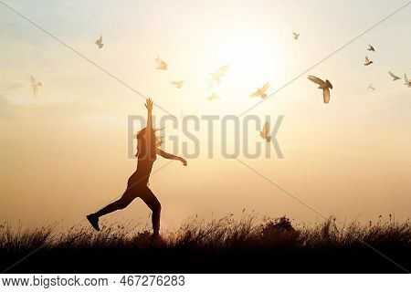 Woman And Flying Birds Enjoying Life In Nature On Sunset Background