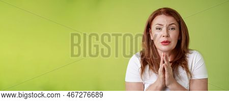 Please Need Help Asap. Tender Timid Redhead Middle-aged Woman Plead Press Palms Together Pray Beggin