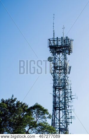 Radio, Communication And Cell Tower On Blue Sky Background. Australia