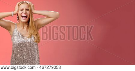 Upset Distressed Pressured Fed Up Panicking Young Blond Woman In Dress Scream Cry Heart Out Being He