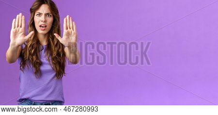 You Need Stop Hold It. Serious-looking Intense Displeased Woman Pull Hands Prohibition Taboo Sign Fr