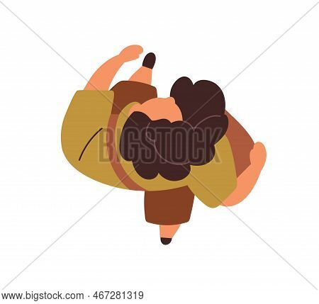 Woman Going Top Above View. Person Walking On Street. Casual Female Character Overhead, Strolling, M