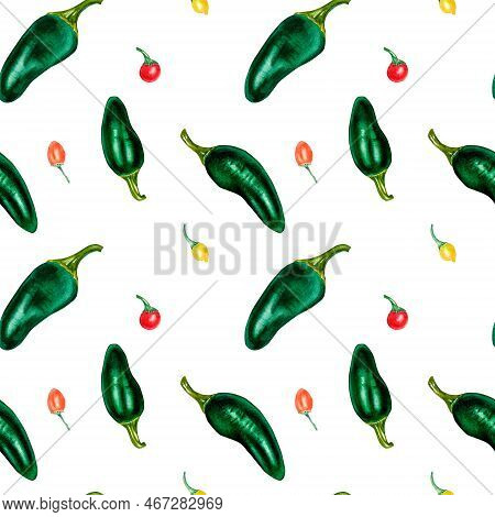 Jalapeno And Little Peppers. Watercolor Seamless Pattern Isolated On White.