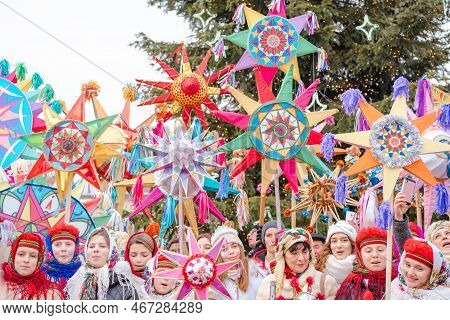 Lviv, Ukraine - January 8, 2022 : Traditional Christmas Star Festival In Lviv. Orthodox Christmas In