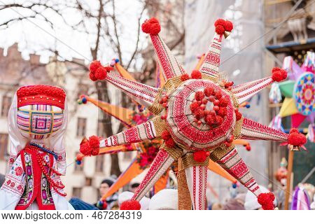 Many Handmade Christmas Stars And Motanka Dolls At Traditional Annual Festival Of Christmas Stars In
