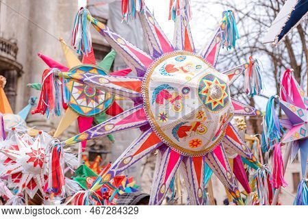 Many Handmade Christmas Stars At Traditional Annual Festival Of Christmas Stars In Lviv. Celebration
