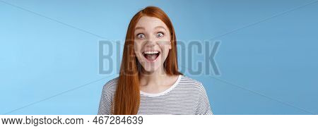 Surprised Pleased Happy Impressed Redhead European Girl 20s Reacting Amused Wide Eyes Look Admiratio