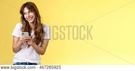 Lovely Silly Cute Flirty Girl Texting Receive Romantic Lovely Gesture Look Away Blushing Modest Smil