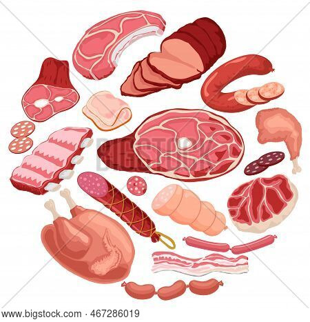 Meat Set Illustration. Fresh Meat And Boiled Sausage, Salami And Chicken, Bacon, Raw Sliced Pork Ten