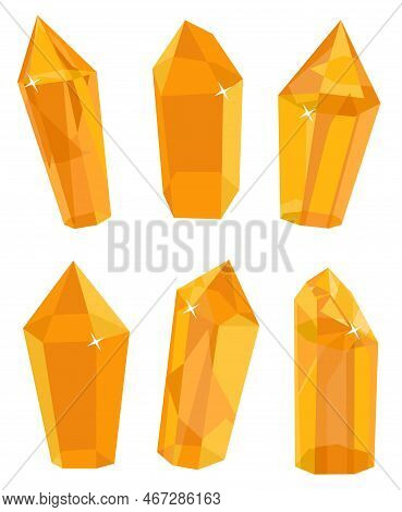 Yellow Crystals. Vector Illustration On A White Background. Rough Glowing Rocks Stalagmites, Isolate