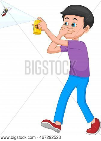 Cartoon Boy Spraying Insect Killer To Mosquitoes