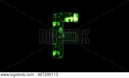 Letter F, Glowing Hi-tech Digital Cyber Punk Green Font On Black, Isolated - Object 3d Illustration