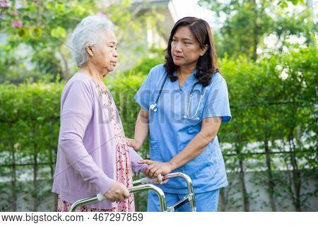 Doctor Help And Care Asian Senior Or Elderly Old Lady Woman Use Walker With Strong Health While Walk