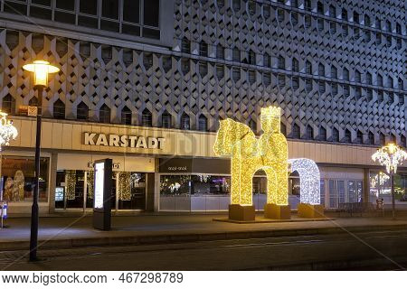 Magdeburg, Germany - December 11, 2022: Magdeburg Street Decorated With Otto King Rider Horse Figure