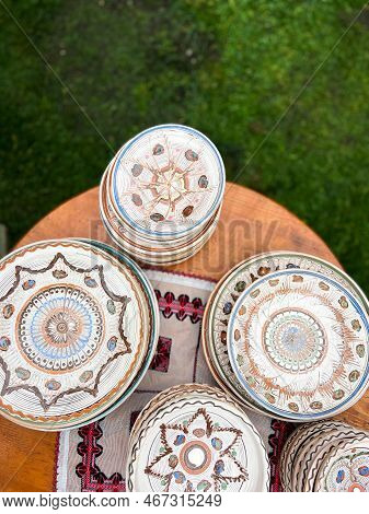 Colored  Ceramics. Authentic Handmade. Handicraft And Art Concept.