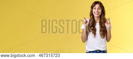 Silly Hopeful Excited Attractive Caucasian Girl Curly Haircut Wishing Optimistic Smiling Broadly Cro