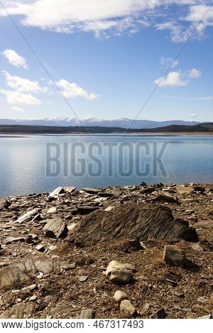 View Of The Barcena Reservoir With The Montes Aquilanos Mountain Range At Background. El Bierzo, Cas